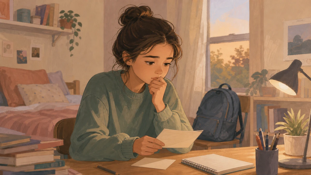Warm painterly illustration of a teenage girl studying a paper invitation while thinking about how to decline