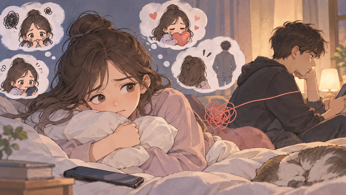 Illustration of a bedroom at night: in the foreground one person lies on the bed hugging a pillow and looking off to one side, with small thought bubbles floating above them; further back another person sits on the edge of the bed looking at a phone; a tangled red thread runs between the two of them, a phone lies on the blanket and a cat sleeps at the foot of the bed