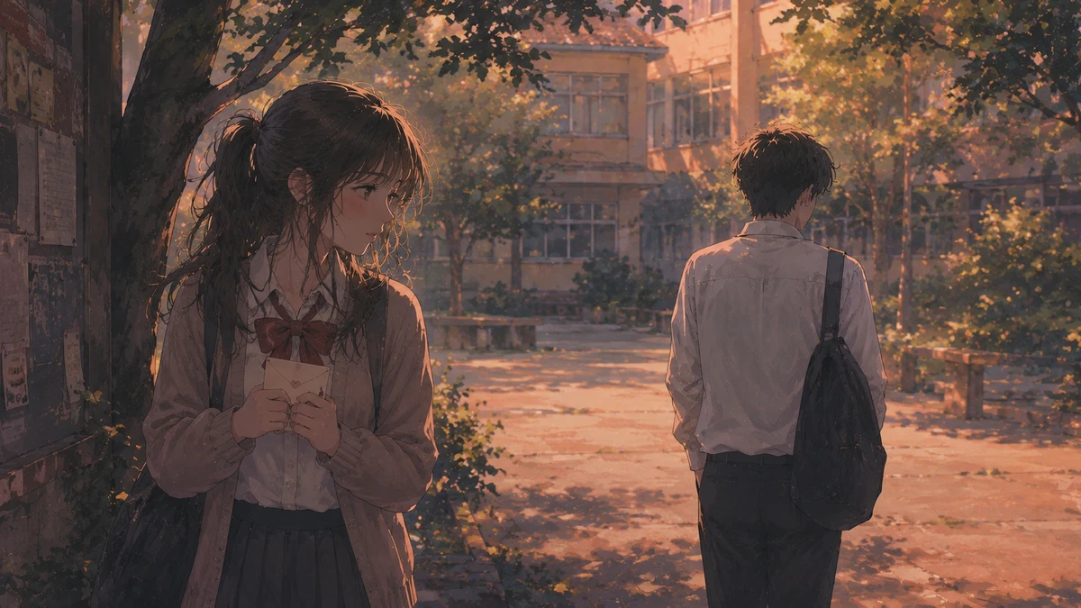 Painterly illustration of a schoolgirl clutching a love letter behind a tree in a sunlit courtyard while a boy walks away with his backpack