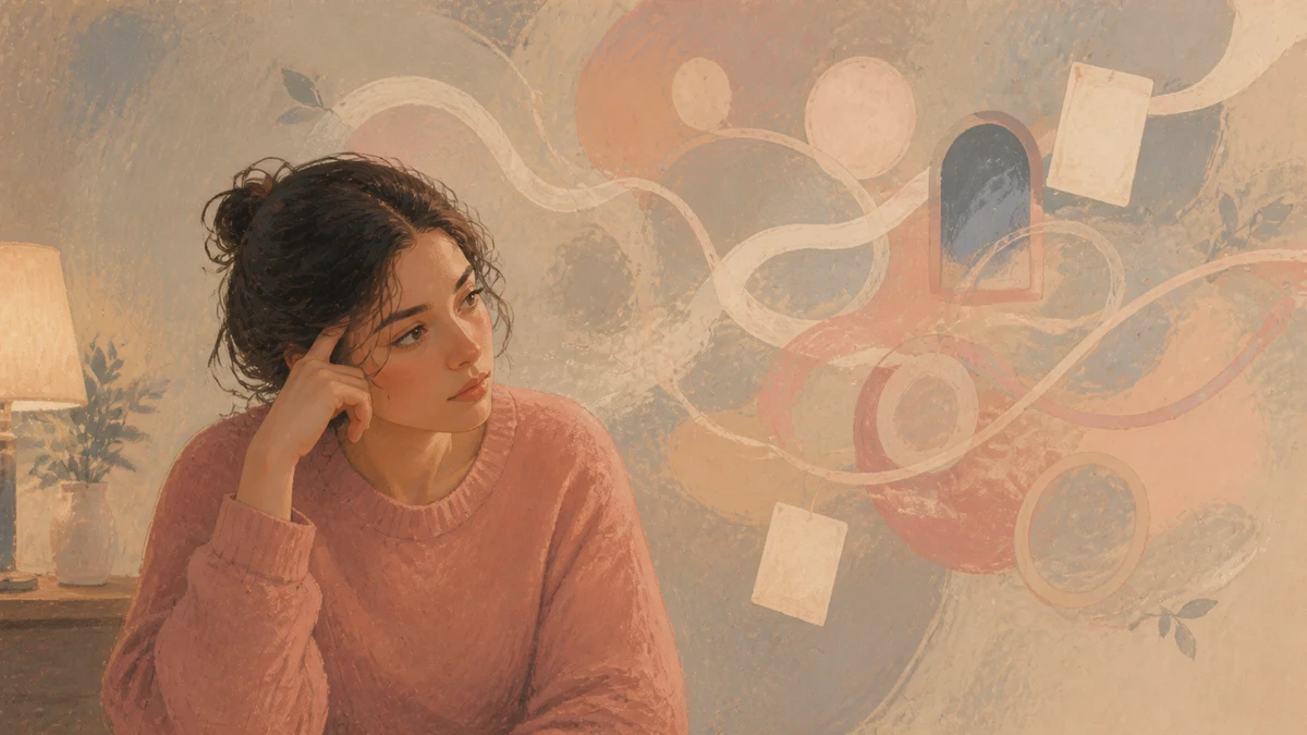 Non-photorealistic editorial illustration of a thoughtful woman surrounded by looping paths and unfinished shapes as she sorts through confused feelings
