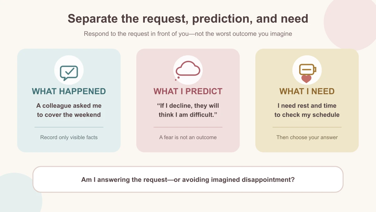 Three-part diagram separating a visible request, a feared prediction, and a personal need before deciding whether to say yes