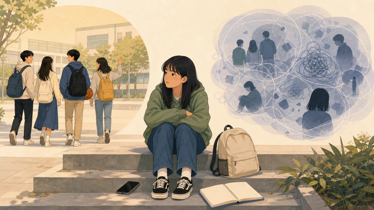 Editorial illustration of a teenage girl sitting on outdoor school steps while friends walk away on one side and tangled exclusion worries fill a thought cloud on the other