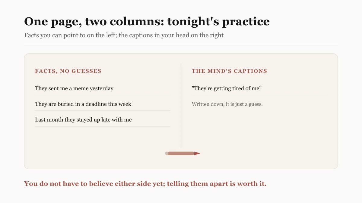 Illustration of a notebook page divided into two columns, facts without guesses on the left and the mind's automatic captions on the right, with a pen resting in the middle