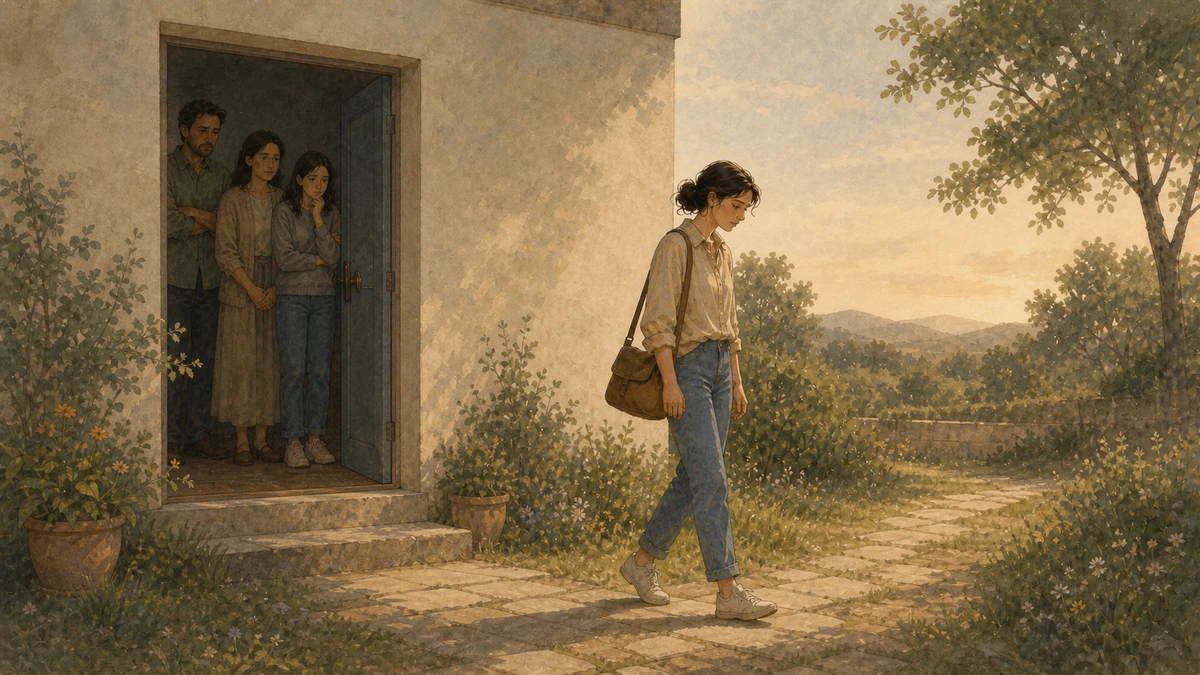 Sad young adult woman leaving her family home with a small bag while her parents and sibling watch quietly from inside