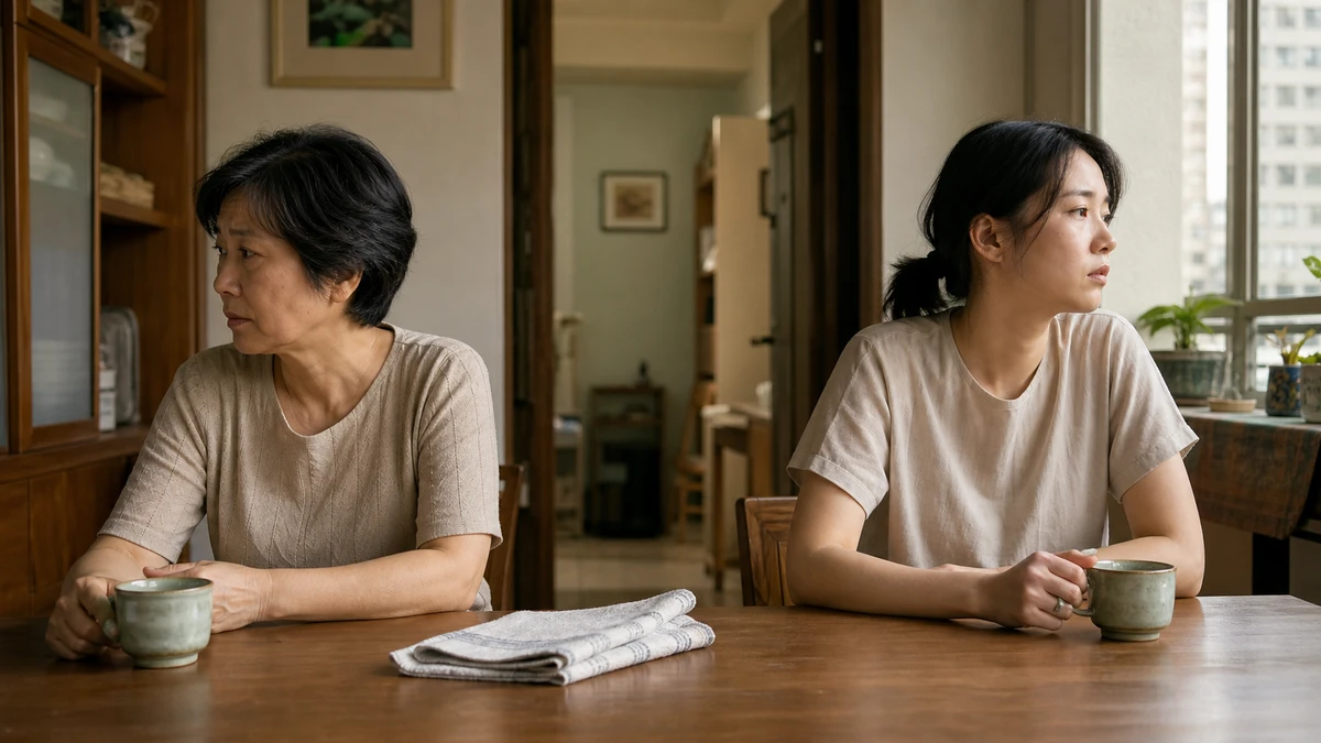 East Asian adult daughter and mother sitting apart at a dining table after an argument, both wanting to reconnect but unsure how