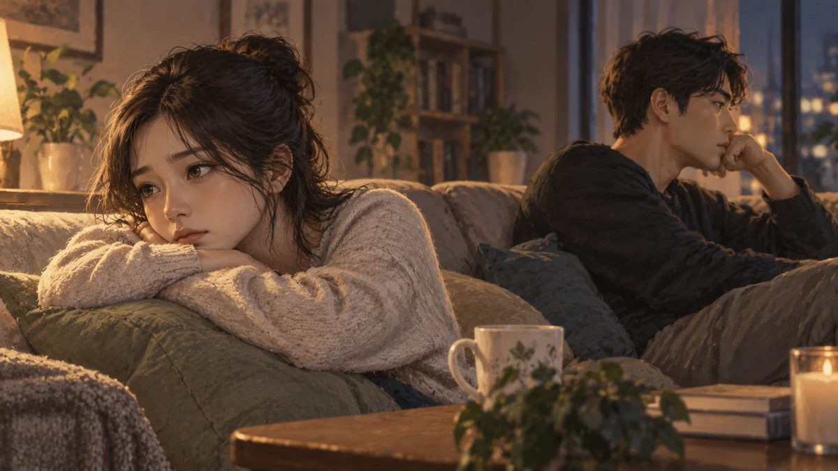 Illustration of a living room at night: in the foreground one person in a knit sweater rests their chin on their folded arms over a cushion on the sofa, looking off to one side; further along the same sofa another person in a dark sweater sits turned toward the window with a hand at their chin; a mug, a candle and a small plant sit on the low table