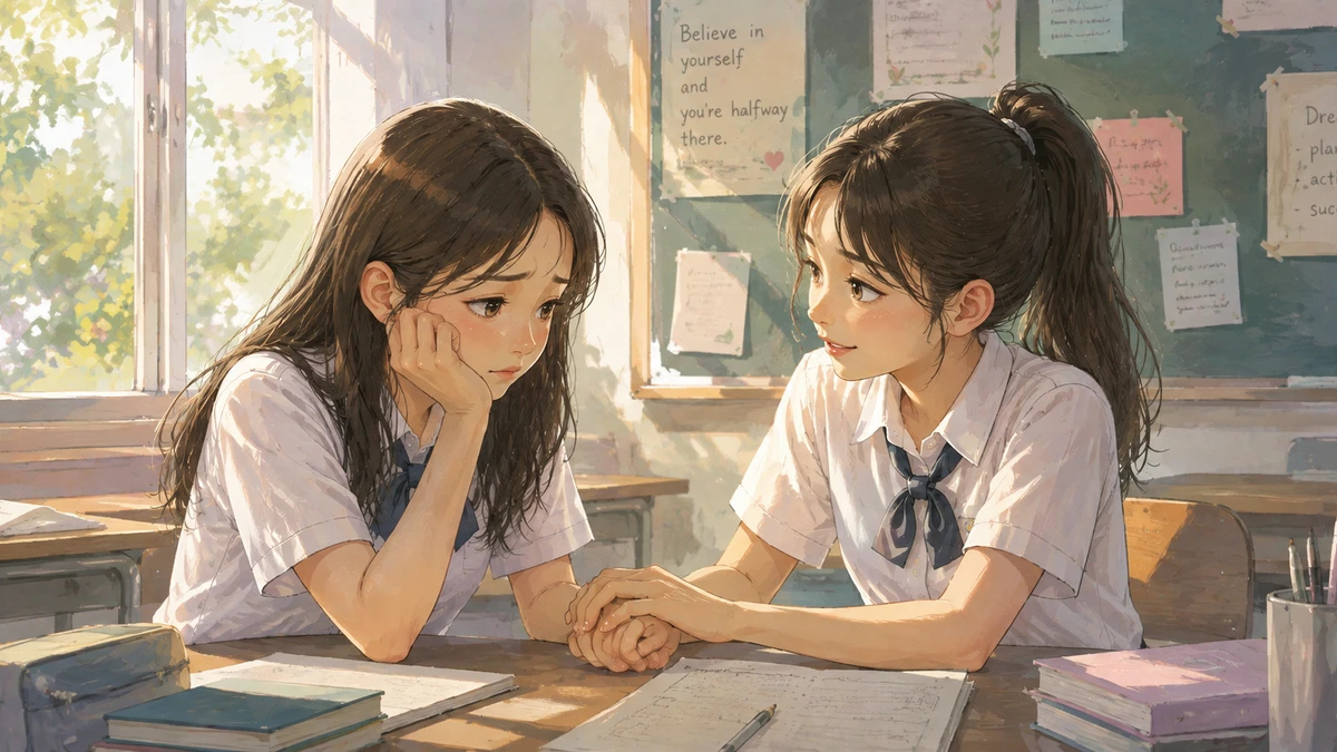 Warm illustration of two students at a classroom desk by a sunlit window, one resting her chin on her hand looking troubled while her friend gently holds her hand and listens