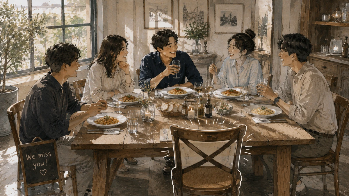 Warm watercolour illustration of five friends laughing around a long wooden dinner table, with one empty chair kept in the foreground and a small chalkboard beside it reading “We miss you!”