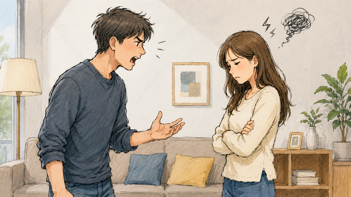 Watercolour and pencil illustration of two people standing apart in a bright living room, one speaking with an open hand raised and the other standing with folded arms looking down, a scribbled cloud drawn in the air above them