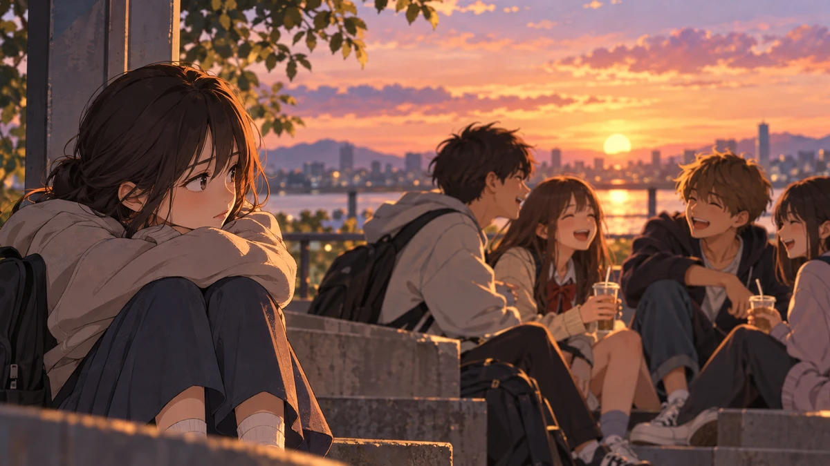 Anime-style illustration at sunset: a person in a grey hoodie sits on concrete steps hugging their knees beside a backpack, looking to the side toward a group of four friends a few steps away who are laughing together with iced drinks; a city skyline and water glow orange under the evening sky