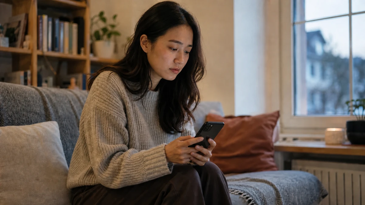 Photograph of an adult woman sitting on a sofa at dusk, looking down at the phone in her hands as she hesitates before tapping the call button