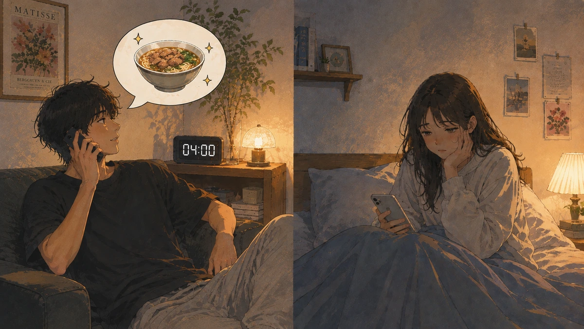Split-panel painterly illustration of a man on the phone at four in the morning imagining a bowl of beef noodle soup while his partner sits awake in bed looking at her phone