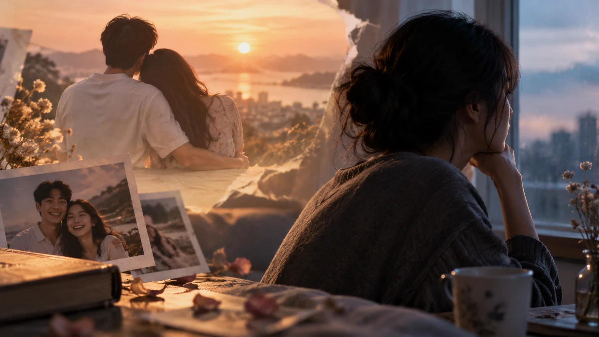 Photorealistic illustration of a person in a grey sweater sitting by a window at dusk with their chin resting on one hand, looking out over a city skyline; on the table a mug, a closed album, dried petals and old photographs, and behind them a torn sunset scene of two people fading into the wall