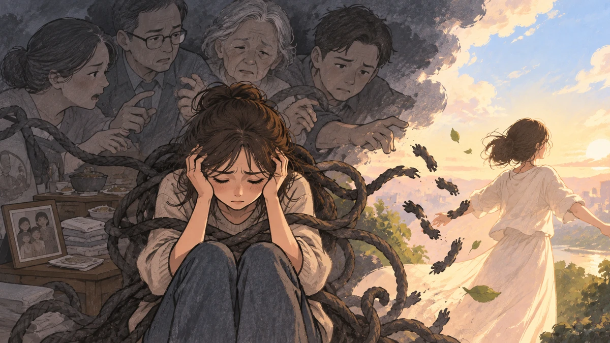 Watercolour and pencil illustration in two halves: on the grey left side a young woman sits with her knees drawn up and her hands pressed to her head, wrapped in thick ropes while four older relatives lean in from behind beside a family photograph and a table of dishes; on the warm sunset right side the same woman walks away in a white dress with her arms open as the ropes fall away in pieces