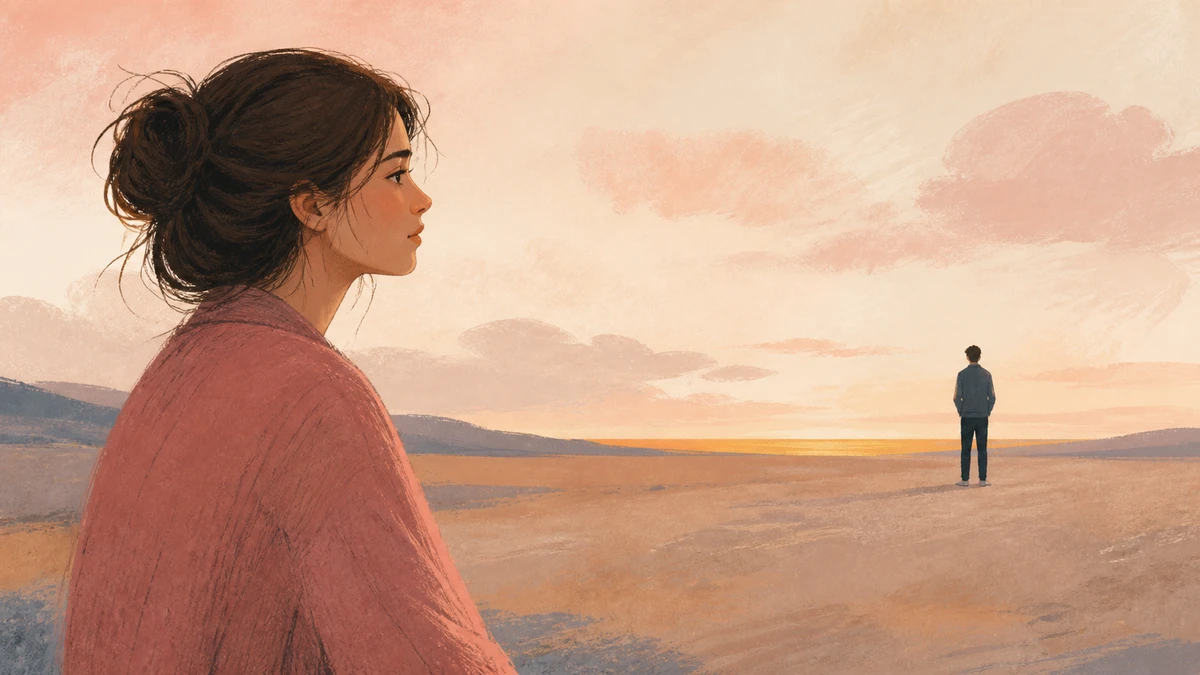 Non-photorealistic editorial illustration of a sad woman in side profile looking across a wide emotional distance toward a man she likes