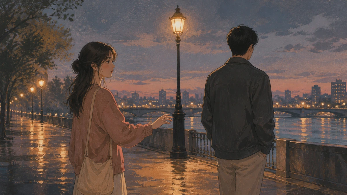 Painterly dusk illustration of a young woman reaching toward someone walking ahead of her, her hand pausing in mid-air by a riverside promenade