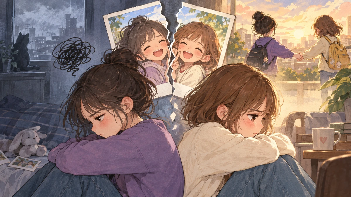 Watercolour illustration of two people sitting back to back on a bedroom floor with their arms folded over their knees, each looking away from the other; behind them a torn photograph of the two of them laughing, and in the top corner a faded memory of them walking together at sunset