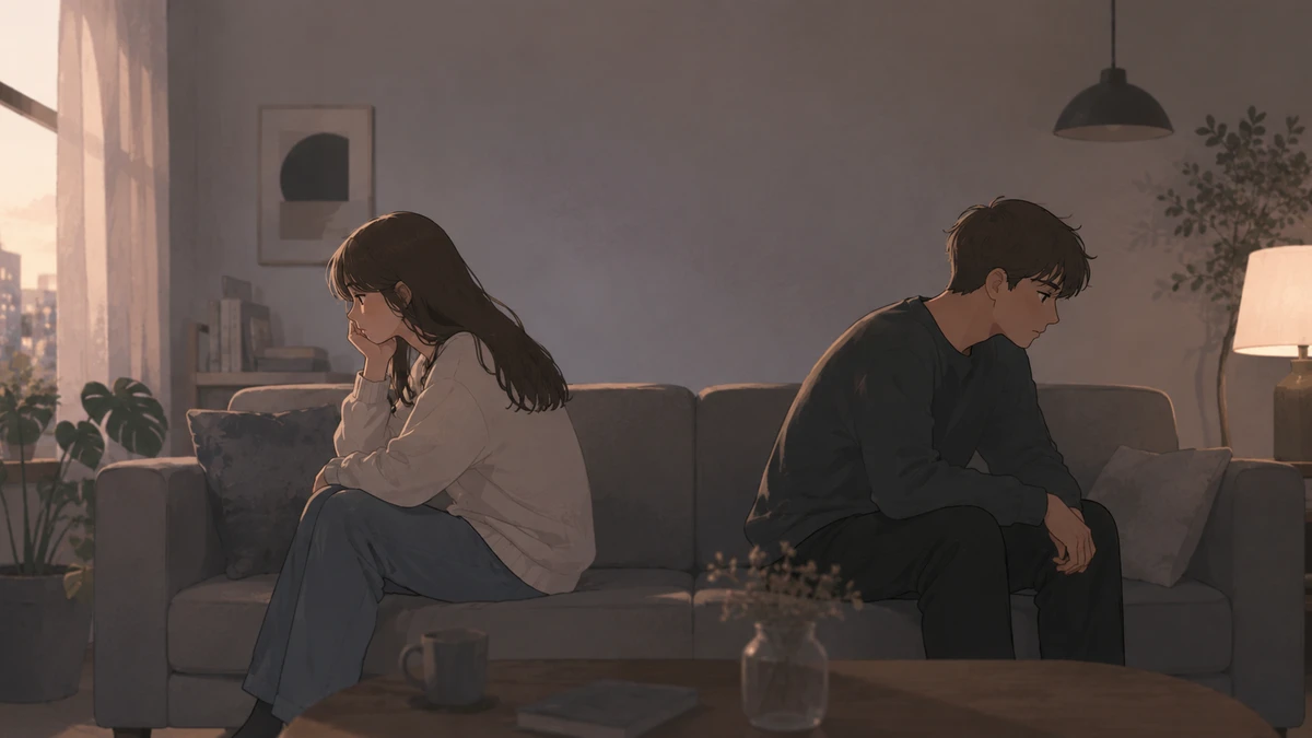 Illustration of a young couple sitting apart at opposite ends of a sofa at dusk, both silent and facing away from each other