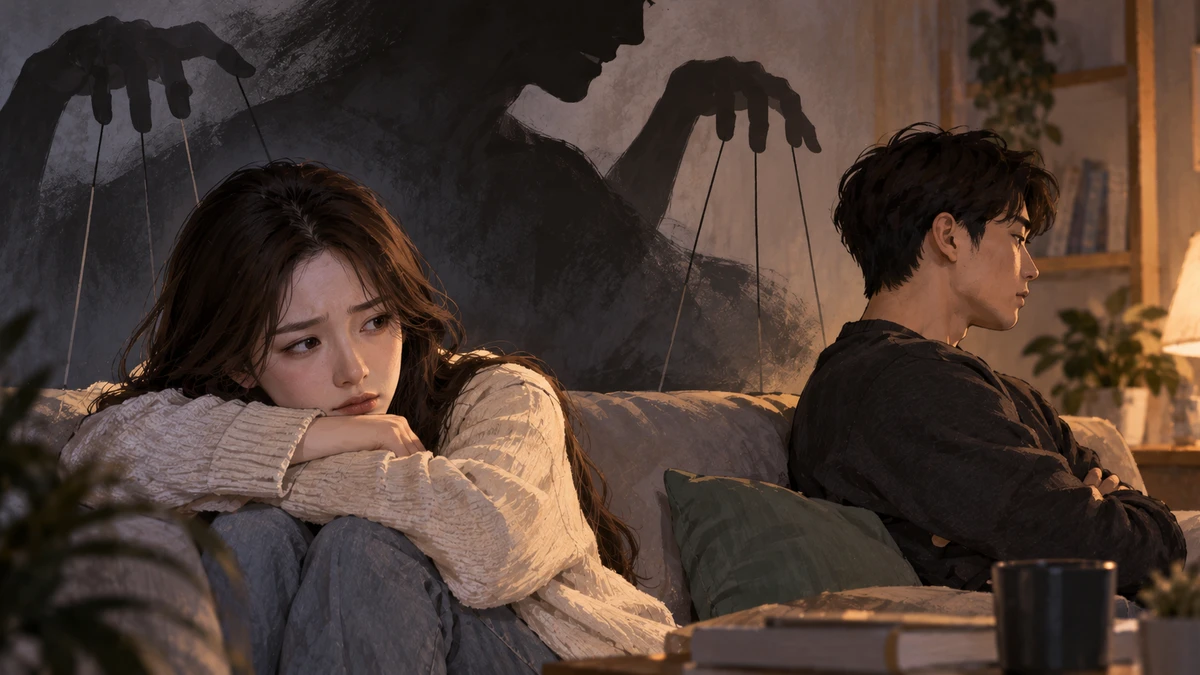 Illustration of a dim living room at night: two people sit at opposite ends of a sofa, one with knees drawn up and arms folded on them, the other with arms crossed looking away; on the wall behind them a large shadow of two hands holds strings that reach down toward each of them, and a lamp glows beside a bookshelf