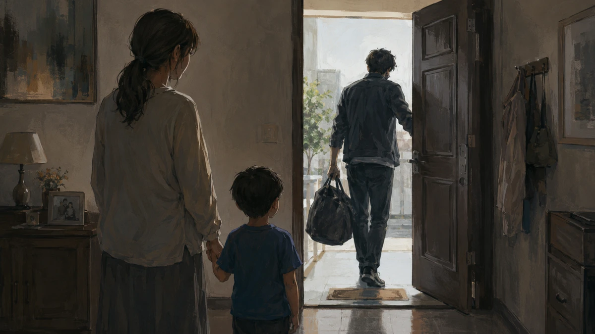 Painterly illustration of a parent holding a small child by the hand in a dim entryway while another adult with a travel bag walks out through the open front door