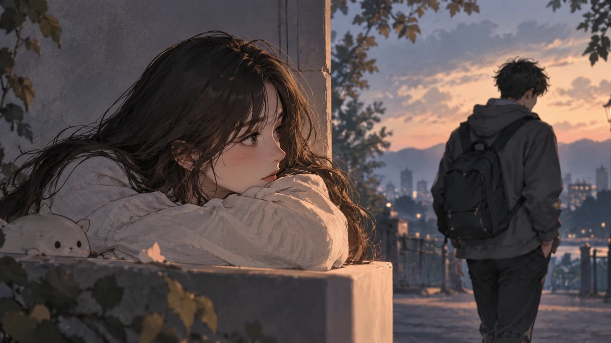Illustration at dusk of a person resting their head on their arms atop a low wall, looking toward another figure with a backpack walking away along a railing above a city skyline