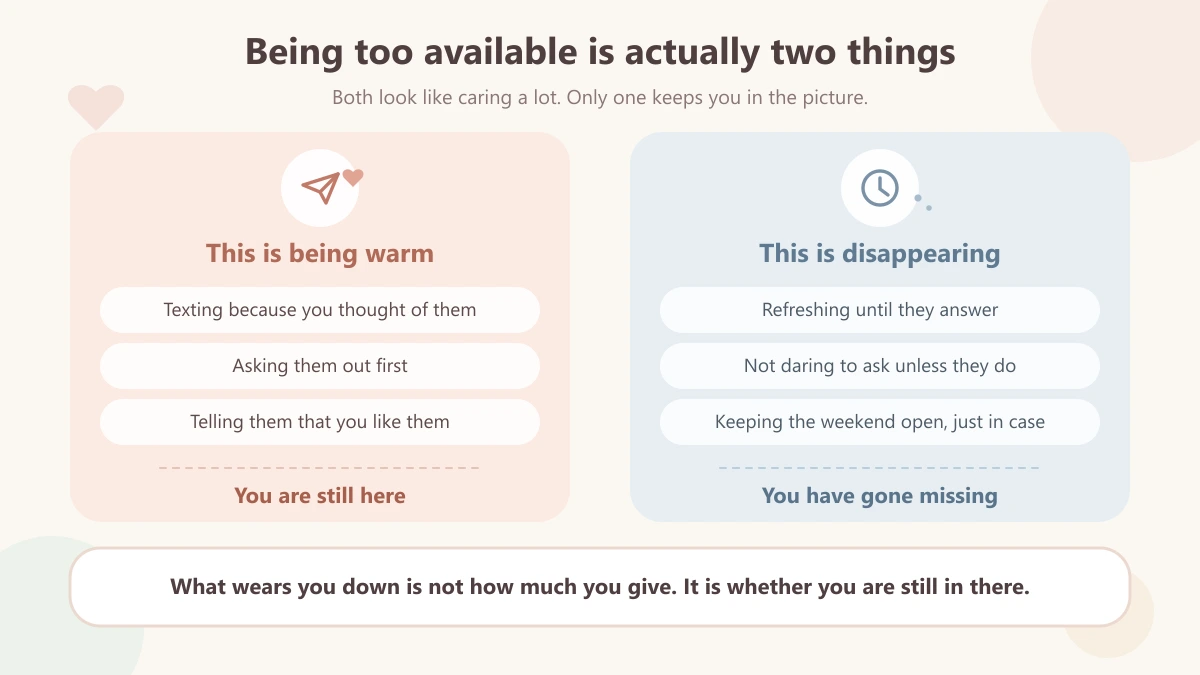 Two warm side-by-side panels contrasting actions where a person stays present with actions where they disappear into waiting
