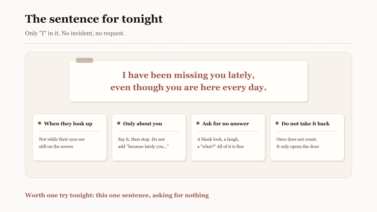 The sentence for tonight: I have been missing you lately, even though you are here every day. Wait until they look up, speak about yourself, say it and stop, do not take it back