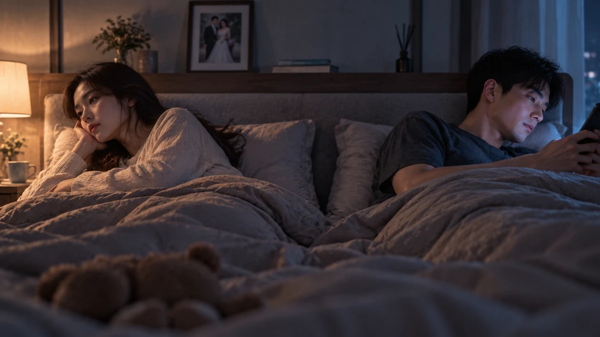 Photorealistic illustration of a dimly lit bedroom at night: two people lie on opposite sides of a large bed, one resting their chin on a hand and looking toward a warm lamp, the other reading a glowing phone; a plush toy sits on the duvet and a framed photograph hangs above the headboard