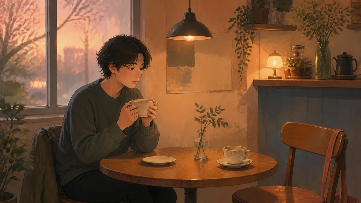 Warm non-photorealistic editorial illustration of a thoughtful young adult holding a cup at a cafe table beside an empty chair and a second used cup