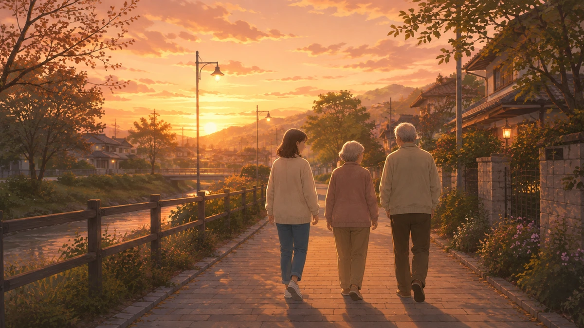 Painterly illustration seen from behind of an adult daughter walking half a step behind her elderly parents along a riverside path at sunset