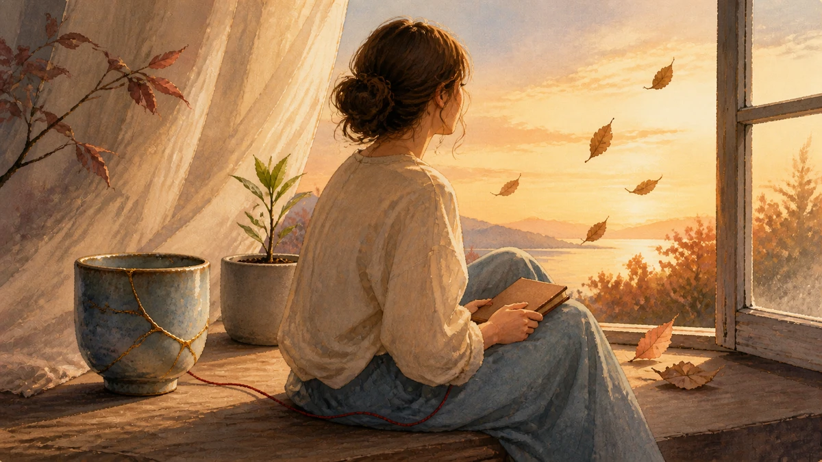 Watercolor illustration of a woman holding a closed notebook beside an open window, a kintsugi cup and green plant as autumn leaves drift into warm light