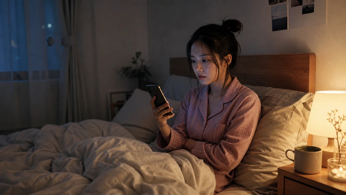 Young adult East Asian woman sitting on her bed at night, anxiously waiting for a message reply on her phone