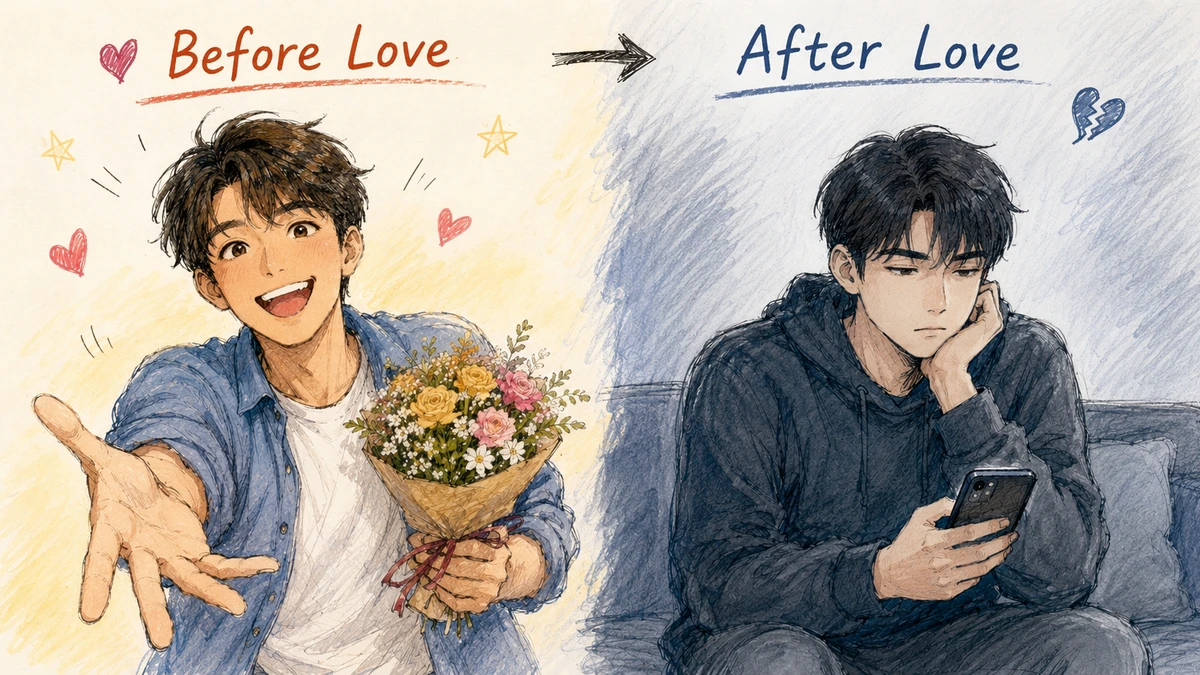 Watercolour and pencil illustration split into two panels labelled “Before Love” and “After Love”: on the warm-toned left a young man smiles widely and holds out one hand while carrying a bouquet of flowers, on the blue-toned right the same man sits on a sofa in a hooded jacket, resting his chin on one hand and looking at his phone