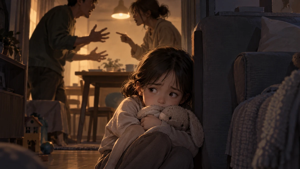 Illustration of a dim living room in the evening: in the foreground a child sits on the floor beside a sofa hugging a plush rabbit and looking off to one side; behind them, out of focus under a hanging lamp, two adults stand at a dining table gesturing at each other; toys and a small wooden house lie on the floor
