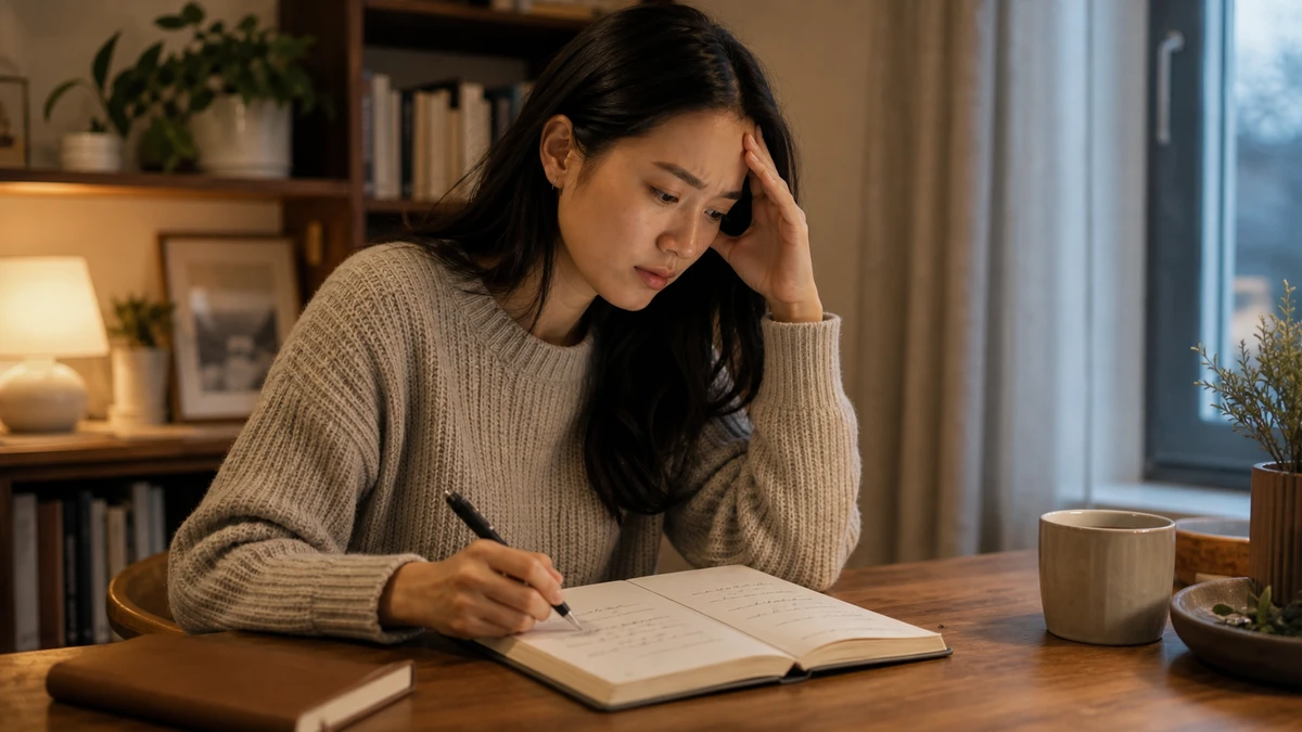 Photograph of an adult East Asian woman at a wooden desk, pressing one hand to her forehead as she works through a two-column writing exercise in an open notebook